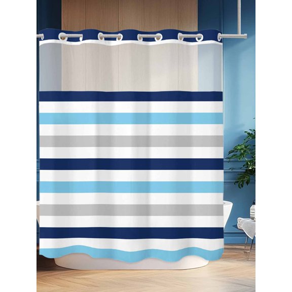 No Hook Shower Curtain Set with Snap in Liner, Navy Blue Gradient Stripes Waterproof Bathroom Curtain with See Through Top Window, Geometric Gray Line Double Shower Curtains for Bathtub