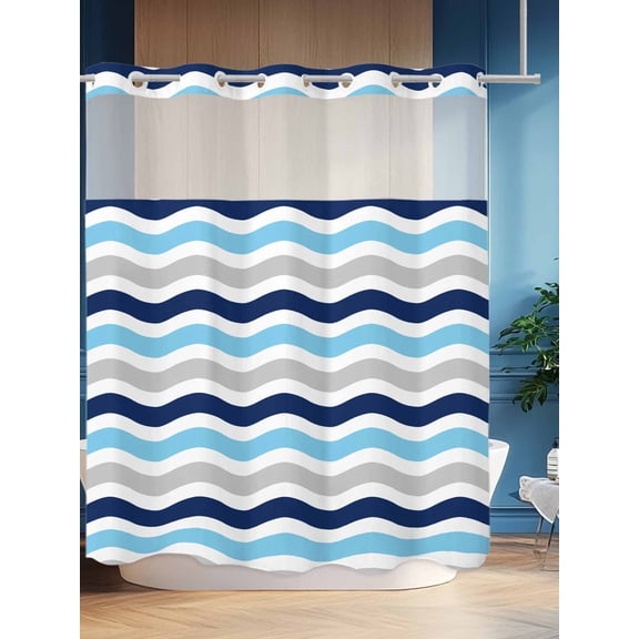 No Hook Shower Curtain Set with Snap in Liner, Navy Blue Gray Water Ripple Waterproof Bathroom Curtain with See Through Top Window, Abstract Geometric Double Shower Curtains for Bathtub