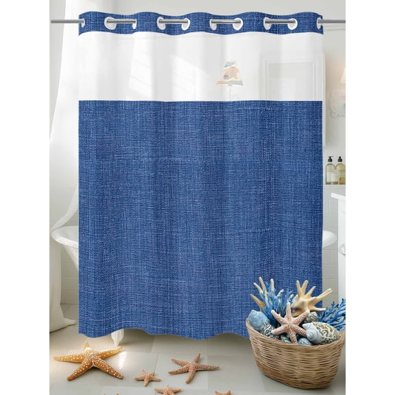 No Hook Shower Curtain Set with Snap in Liner, Navy Blue Retro Linen Waterproof Bathroom Curtain with See Through Top Window, Modern Minimalist Style Double Shower Curtains for Bathtub