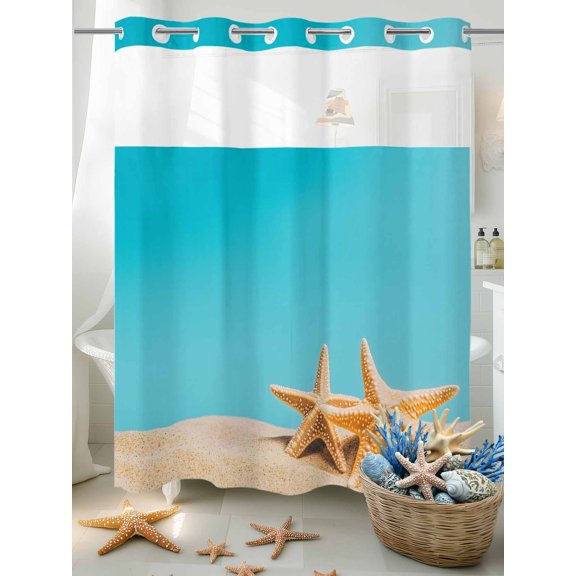 No Hook Shower Curtain Set with Snap in Liner, Ocean Beach Starfish on Blue Waterproof Bathroom Curtain with See Through Top Window, Still Life Double Shower Curtains for Bathtub