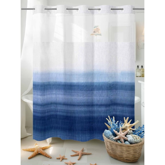 No Hook Shower Curtain Set with Snap in Liner, Ocean Dark Blue Gradient Waterproof Bathroom Curtain with See Through Top Window, Ombre Summer Ocean Theme Double Shower Curtains for Bathtub