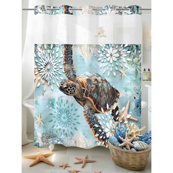 No Hook Shower Curtain Set with Snap in Liner, Ocean Nautical Sea Turtle Starfish Seaweed Waterproof Bathroom Curtain with See Through Top Window, Underwater World Double Shower Curtains for Bathtub