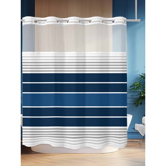 No Hook Shower Curtain Set with Snap in Liner, Ocean Navy Blue Gradient Stripe Waterproof Bathroom Curtain with See Through Top Window, Abstract Geometric Minimalist Style Double Shower Curtains