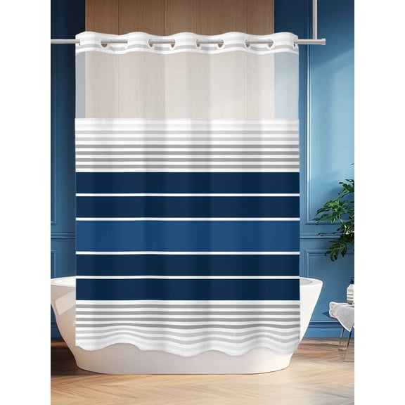 No Hook Shower Curtain Set with Snap in Liner, Ocean Navy Blue Gradient Stripe Waterproof Bathroom Curtain with See Through Top Window, Abstract Geometric Minimalist Style Double Shower Curtains