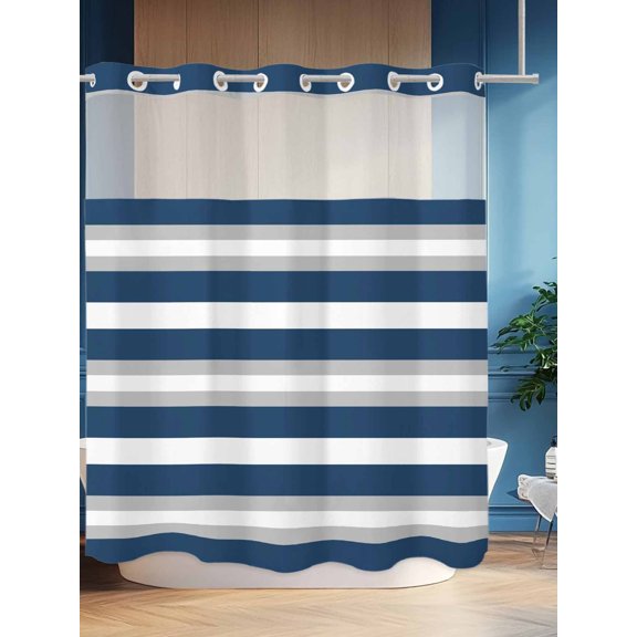No Hook Shower Curtain Set with Snap in Liner, Ocean Navy Blue Stripes Waterproof Bathroom Curtain with See Through Top Window, Gray Line Abstract Geometric Double Shower Curtains for Bathtub