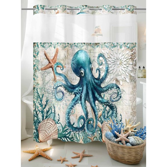 No Hook Shower Curtain Set with Snap in Liner, Octopus Starfish Shells Coral Waterproof Bathroom Curtain with See Through Top Window, Sea Monster Retro Style Double Shower Curtains for Bathtub