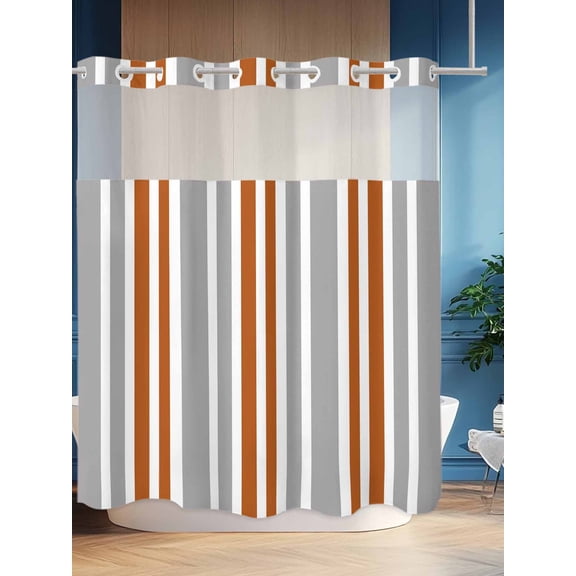 No Hook Shower Curtain Set with Snap in Liner, Orange Grey Vertical Stripe Waterproof Bathroom Curtain with See Through Top Window, Modern Contrasting Linen Double Shower Curtains for Bathtub