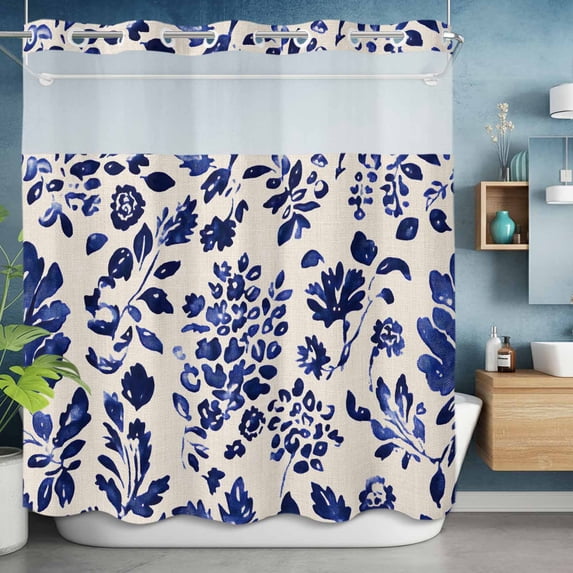 No Hook Shower Curtain Set with Snap in Liner, Pastoral Vintage Floral Pattern Waterproof Bathroom Curtain with See Through Top Window, Summer Ombre Leaves Double Shower Curtains for Bathtub