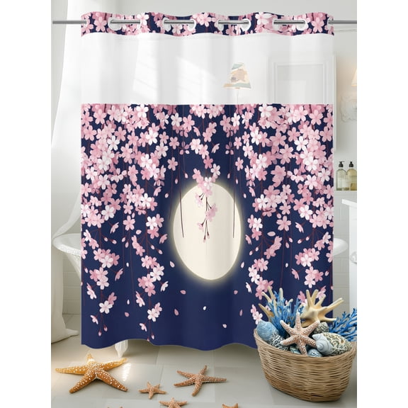 No Hook Shower Curtain Set with Snap in Liner, Pink Cherry Blossoms Full Moon Waterproof Bathroom Curtain with See Through Top Window, Japanese Floral Art Double Shower Curtains for Bathtub