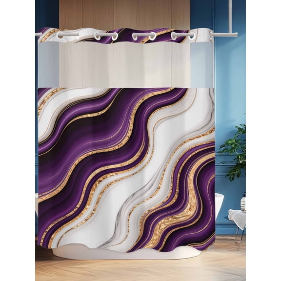 No Hook Shower Curtain Set with Snap in Liner, Purple Marble Gold Inlay Waterproof Bathroom Curtain with See Through Top Window, Abstract Geometric Stripes Double Shower Curtains for Bathtub