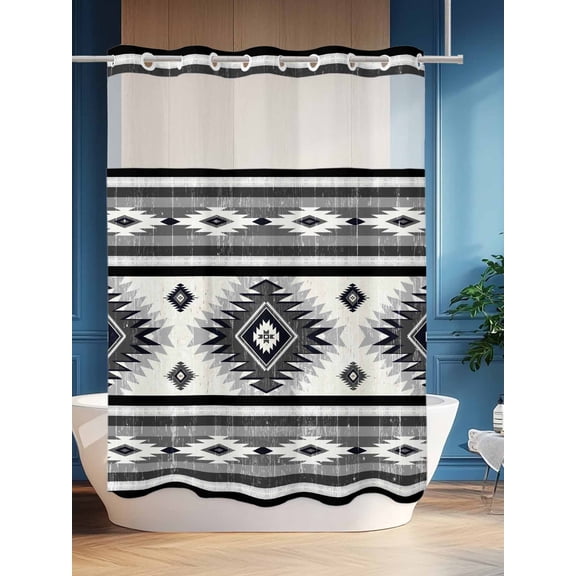 No Hook Shower Curtain Set with Snap in Liner, Retro Aztec Ethnic Style Waterproof Bathroom Curtain with See Through Top Window, Abstract Geometric Double Shower Curtains for Bathtub