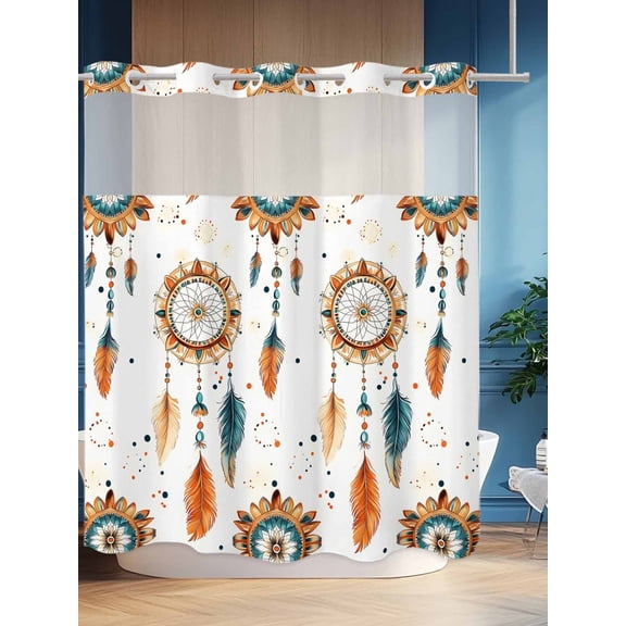 No Hook Shower Curtain Set with Snap in Liner, Retro Indian Totem Waterproof Bathroom Curtain with See Through Top Window, Abstract Ancient Patterns Double Shower Curtains for Bathtub
