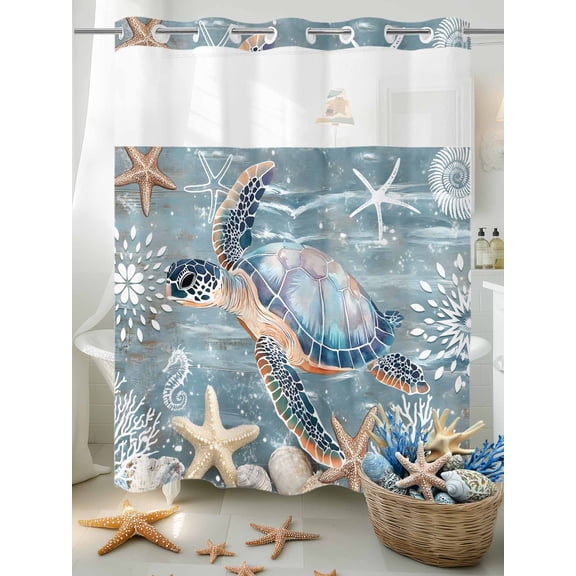 No Hook Shower Curtain Set with Snap in Liner, Retro Ocean Sea Turtle Starfish Waterproof Bathroom Curtain with See Through Top Window, Marine Coral Shell Seahorse Double Shower Curtains for Bathtub