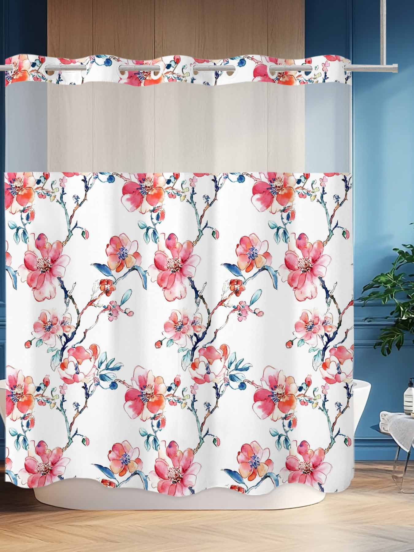 No Hook Shower Curtain Set with Snap in Liner, Retro Red Flower on