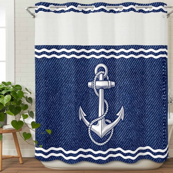 No Hook Shower Curtain Set with Snap in Liner, Rustic Midnight Blue Ship Anchor Waterproof Bathroom Curtain with See Through Top Window, Nautical Ocean Waves Double Shower Curtains for Bathtub