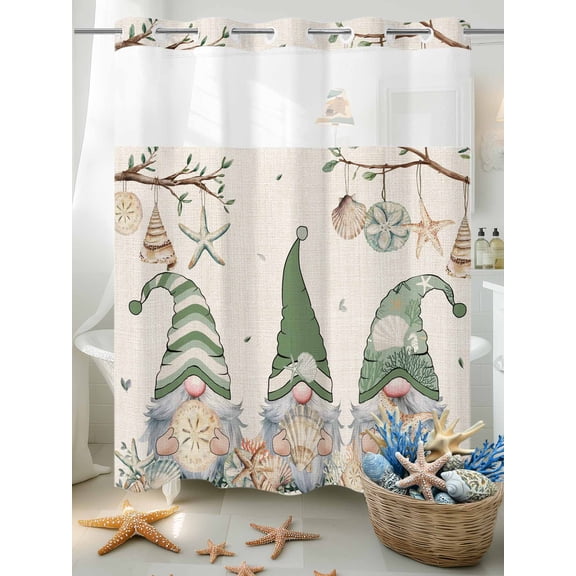 No Hook Shower Curtain Set with Snap in Liner, Sage Green Gnome on Vintage Linen Waterproof Bathroom Curtain with See Through Top Window, Ocean Starfish Shell Double Shower Curtains for Bathtub