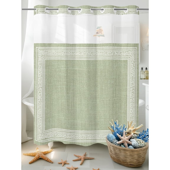 No Hook Shower Curtain Set with Snap in Liner, Sage Green Linen Burlap Key Waterproof Bathroom Curtain with See Through Top Window, Abstract Greek Inspired Texture Double Shower Curtains for Bathtub