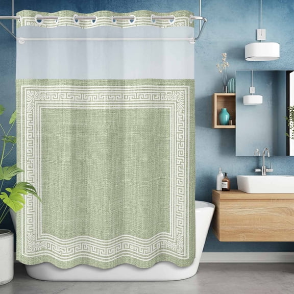 No Hook Shower Curtain Set with Snap in Liner, Sage Green Linen Burlap Key Waterproof Bathroom Curtain with See Through Top Window, Abstract Greek Inspired Texture Double Shower Curtains for Bathtub