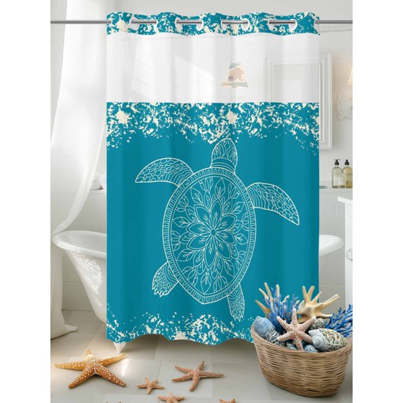 No Hook Shower Curtain Set with Snap in Liner, Sea Turtle Abstract Flower on Blue Waterproof Bathroom Curtain with See Through Top Window, Underwater World Double Shower Curtains for Bathtub