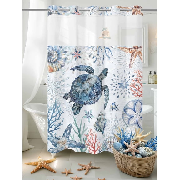No Hook Shower Curtain Set with Snap in Liner, Sea Turtle Blue Ocean Shell Starfish Waterproof Bathroom Curtain with See Through Top Window, Coral Marine Life Double Shower Curtains for Bathtub