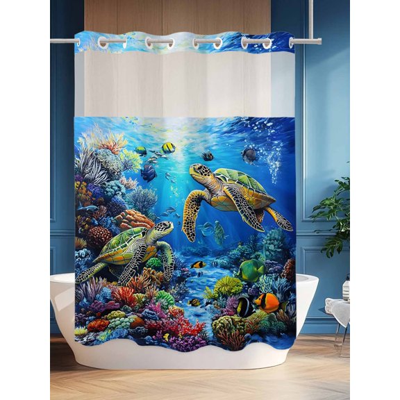 No Hook Shower Curtain Set with Snap in Liner, Sea Turtle Fish Coral Waterproof Bathroom Curtain with See Through Top Window, Blue Ocean Underwater World Double Shower Curtains for Bathtub