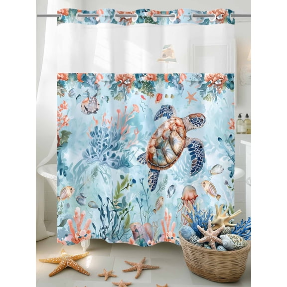 No Hook Shower Curtain Set with Snap in Liner, Sea Turtle Jellyfish Watercolor Waterproof Bathroom Curtain with See Through Top Window, Ocean Coral Marine Life Double Shower Curtains for Bathtub