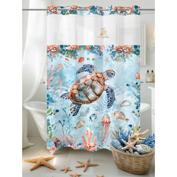 No Hook Shower Curtain Set with Snap in Liner, Sea Turtle Jellyfish Watercolor Waterproof Bathroom Curtain with See Through Top Window, Ocean Coral Marine Life Double Shower Curtains for Bathtub