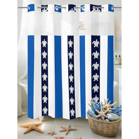 No Hook Shower Curtain Set with Snap in Liner, Sea Turtle Navy Blue Stripes Waterproof Bathroom Curtain with See Through Top Window, Coastal Nautical Theme Double Shower Curtains for Bathtub