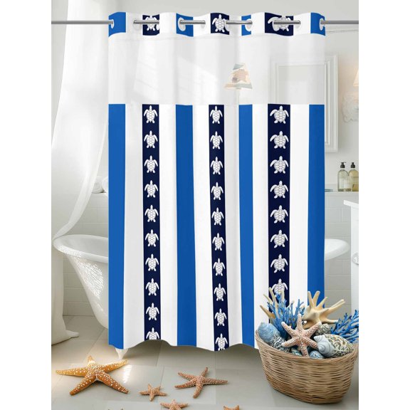 No Hook Shower Curtain Set with Snap in Liner, Sea Turtle Navy Blue Stripes Waterproof Bathroom Curtain with See Through Top Window, Coastal Nautical Theme Double Shower Curtains for Bathtub