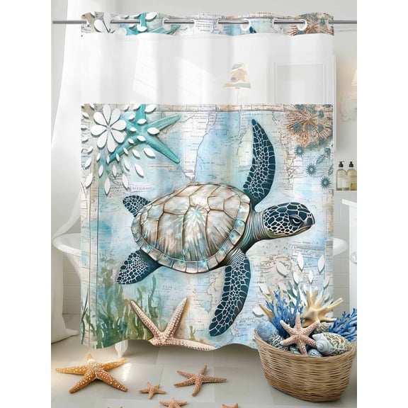 No Hook Shower Curtain Set with Snap in Liner, Sea Turtle Ocean Starfish Coral Waterproof Bathroom Curtain with See Through Top Window, Vintage Map Blue Ocean World Double Shower Curtains for Bathtub