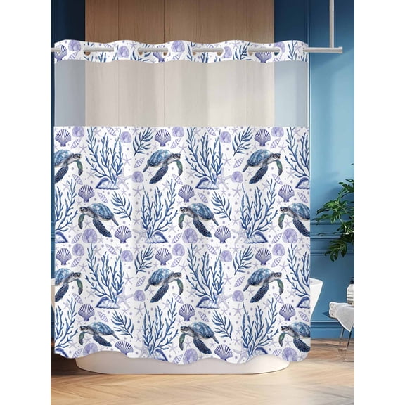 No Hook Shower Curtain Set with Snap in Liner, Sea Turtle Shell Coral Seamless Waterproof Bathroom Curtain with See Through Top Window, Summer Ocean Theme Double Shower Curtains for Bathtub