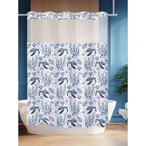 No Hook Shower Curtain Set with Snap in Liner, Sea Turtle Shell Coral Seamless Waterproof Bathroom Curtain with See Through Top Window, Summer Ocean Theme Double Shower Curtains for Bathtub
