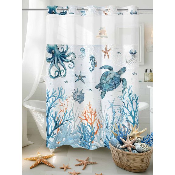 No Hook Shower Curtain Set with Snap in Liner, Sea Turtles Corals Waterproof Bathroom Curtain with See Through Top Window, Marine Life Eight-clawed Fish Double Shower Curtains for Bathtub