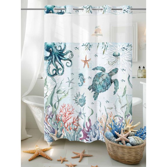 No Hook Shower Curtain Set with Snap in Liner, Sea Turtles Nautical Seaweed Waterproof Bathroom Curtain with See Through Top Window, Blue Ocean Octopus Starfish Double Shower Curtains for Bathtub