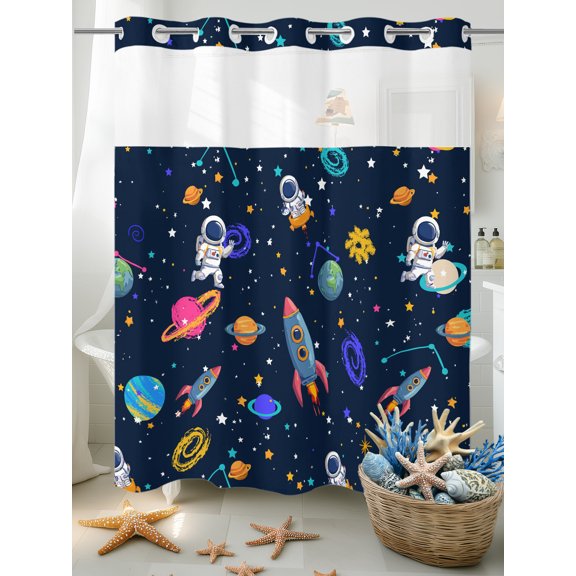 No Hook Shower Curtain Set with Snap in Liner, Space Planet Cartoon Rocket Waterproof Bathroom Curtain with See Through Top Window, Stars and Moon on Black Double Shower Curtains for Bathtub