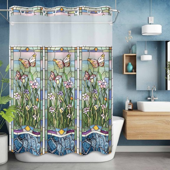 No Hook Shower Curtain Set with Snap in Liner, Spring Flower Butterfly Leaves Waterproof Bathroom Curtain with See Through Top Window, Garden Traditional Paper-cut Double Shower Curtains for Bathtub