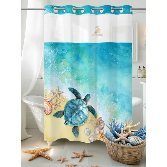 No Hook Shower Curtain Set with Snap in Liner, Summer Beach Sea Turtle Shell Waterproof Bathroom Curtain with See Through Top Window, Coastal Blue Ocean Double Shower Curtains for Bathtub