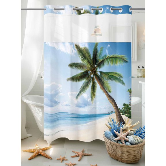 No Hook Shower Curtain Set with Snap in Liner, Summer Green Coconut Tree Ocean Waterproof Bathroom Curtain with See Through Top Window, Seaside Sandy Beach Double Shower Curtains for Bathtub
