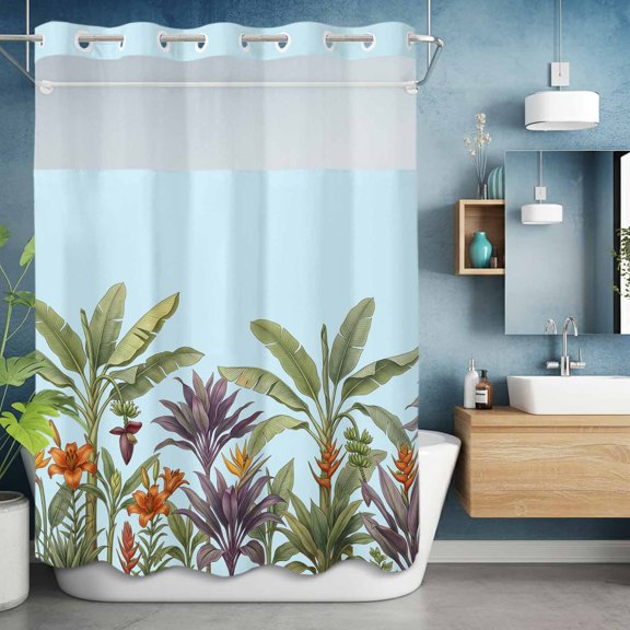 No Hook Shower Curtain Set with Snap in Liner, Summer Green Lush Palms Leaf on Blue Waterproof Bathroom Curtain with See Through Top Window, Exotic Botanical Double Shower Curtains for Bathtub