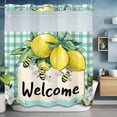 thumbnail image 1 of No Hook Shower Curtain Set with Snap in Liner, Summer Lemon Farm Bee Waterproof Bathroom Curtain with See Through Top Window, Welcome Quote on Teal Plaid Double Shower Curtains for Bathtub, 1 of 9