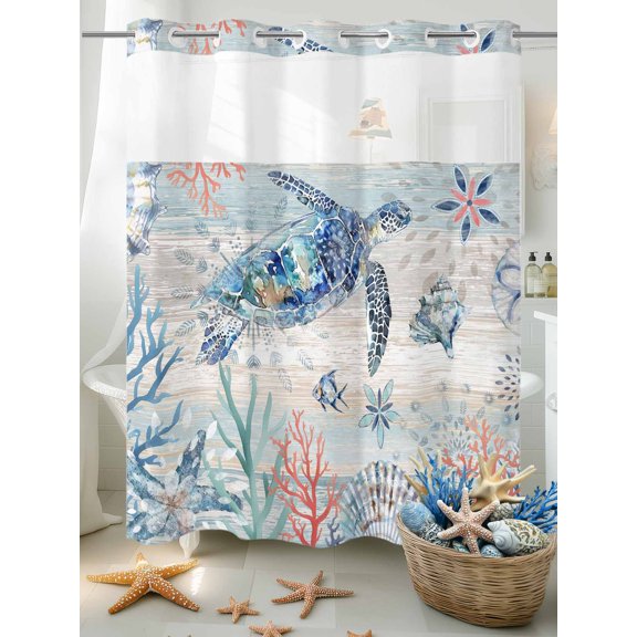 No Hook Shower Curtain Set with Snap in Liner, Summer Marine Turtle Shell Coral Waterproof Bathroom Curtain with See Through Top Window, Ocean Starfish Conch Farm Wood Double Shower Curtains