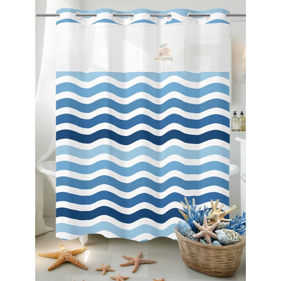 No Hook Shower Curtain Set with Snap in Liner, Summer Ocean Navy Blue Gradient Ripple Waterproof Bathroom Curtain with See Through Top Window, Abstract Geometric Double Shower Curtains for Bathtub