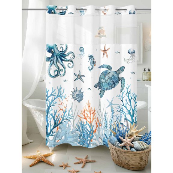 No Hook Shower Curtain Set with Snap in Liner, Summer Sea Turtles Eight-clawed Fish Waterproof Bathroom Curtain with See Through Top Window, Marine Life Corals Double Shower Curtains for Bathtub