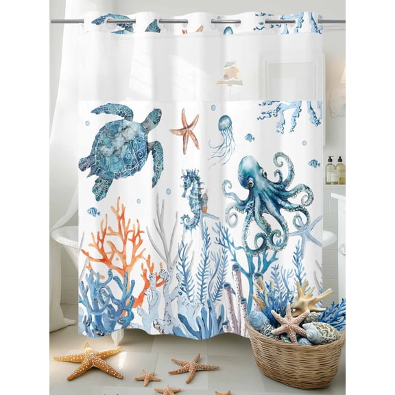 No Hook Shower Curtain Set with Snap in Liner, Summer Sea Turtles Eight-clawed Fish Waterproof Bathroom Curtain with See Through Top Window, Marine Life Corals Double Shower Curtains for Bathtub
