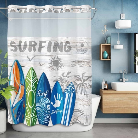 No Hook Shower Curtain Set with Snap in Liner, Summer Surfing Tropical Surfboard Palm Tree Waterproof Bathroom Curtain with See Through Top Window, Wood Board Double Shower Curtains for Bathtub