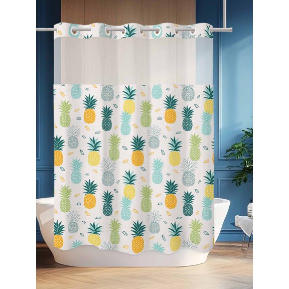 No Hook Shower Curtain Set with Snap in Liner, Summer Watercolor Pineapple Waterproof Bathroom Curtain with See Through Top Window, Abstract Farm Fruit Double Shower Curtains for Bathtub
