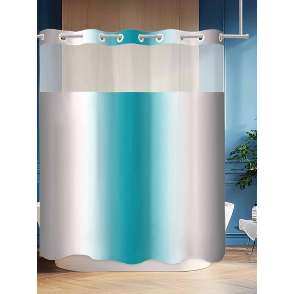 No Hook Shower Curtain Set with Snap in Liner, Teal Grey Gradient Waterproof Bathroom Curtain with See Through Top Window, Turquoise Ombre Double Shower Curtains for Bathtub