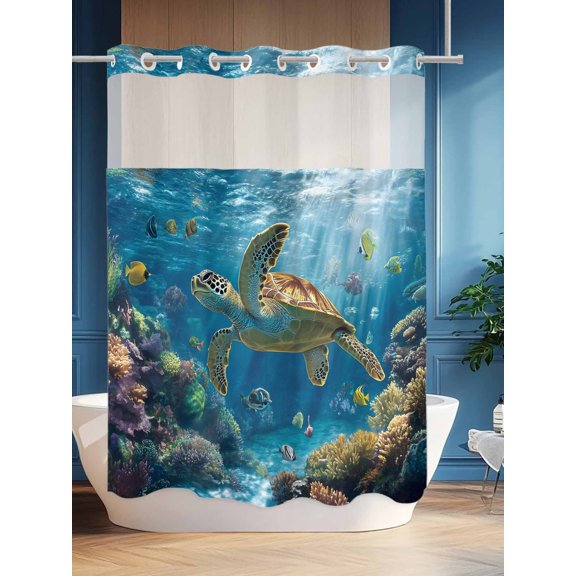 No Hook Shower Curtain Set with Snap in Liner, Tropical Ocean Turtle Coral Waterproof Bathroom Curtain with See Through Top Window, Underwater Marine Creature Double Shower Curtains for Bathtub