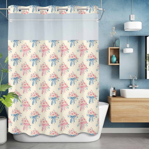 No Hook Shower Curtain Set with Snap in Liner, Valentine's Day Pink Rose Bouquet Waterproof Bathroom Curtain with See Through Top Window, Romance Floral Seamless Double Shower Curtains for Bathtub