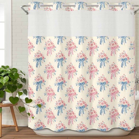 No Hook Shower Curtain Set with Snap in Liner, Valentine's Day Pink Rose Bouquet Waterproof Bathroom Curtain with See Through Top Window, Romance Floral Seamless Double Shower Curtains for Bathtub